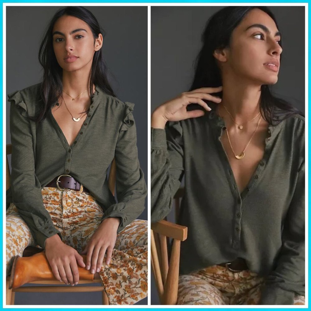 Anthropologie Pilcro Green Ruffled Henley Top